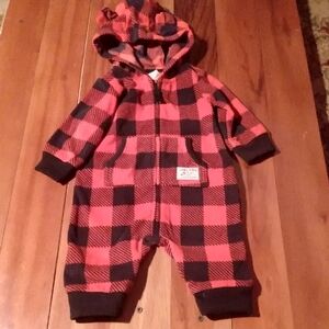 Carter's 3 Months Red Black Buffalo Plaid Fleece Jumpsuit Hooded Bear Ears